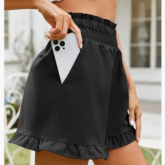Women's Casual Elastic High Waist Ruffle Hem Shorts Size S - Picture 2 of 7